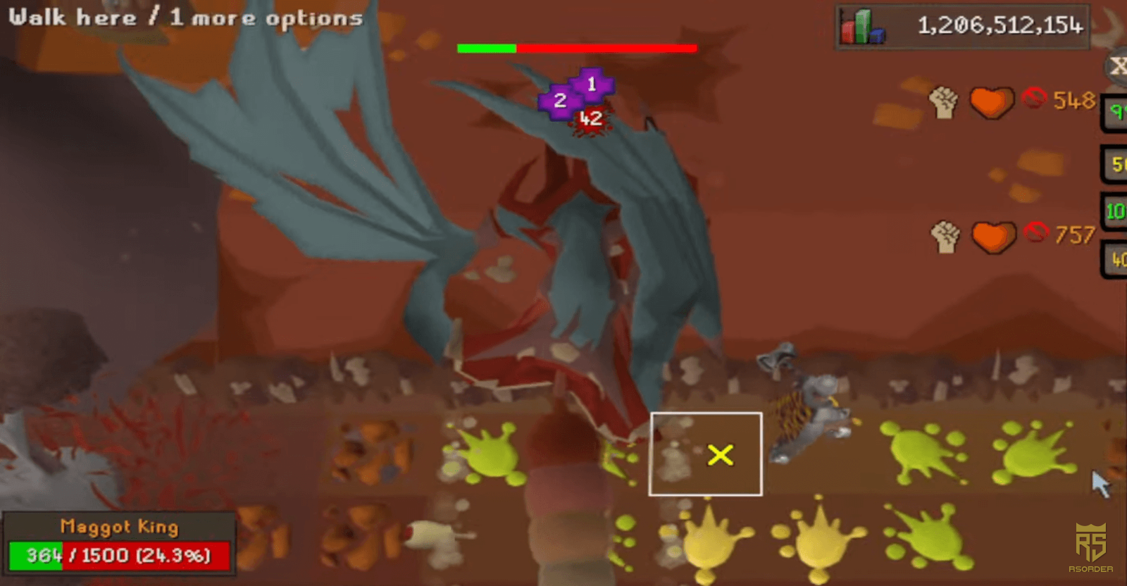 OSRS Maggot King boss arena, OSRS Twinflame Staff Maggot King gear, OSRS Maggot King melee phase neck extension, OSRS Maggot King loot drop