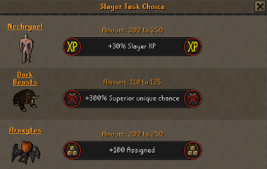 Unlock progression for Mortimer Slayer modifiers including Slayer XP, clue scroll boosts, superior monster rates, and extra Slayer Points.