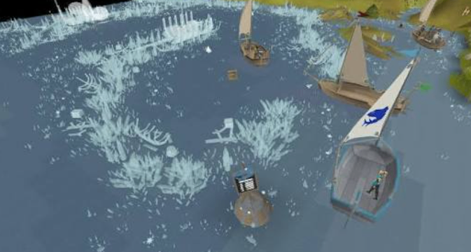 An OSRS Sailing skiff navigating wind boosts, portals, crystals, and supply objectives during The Gwenith Glide.